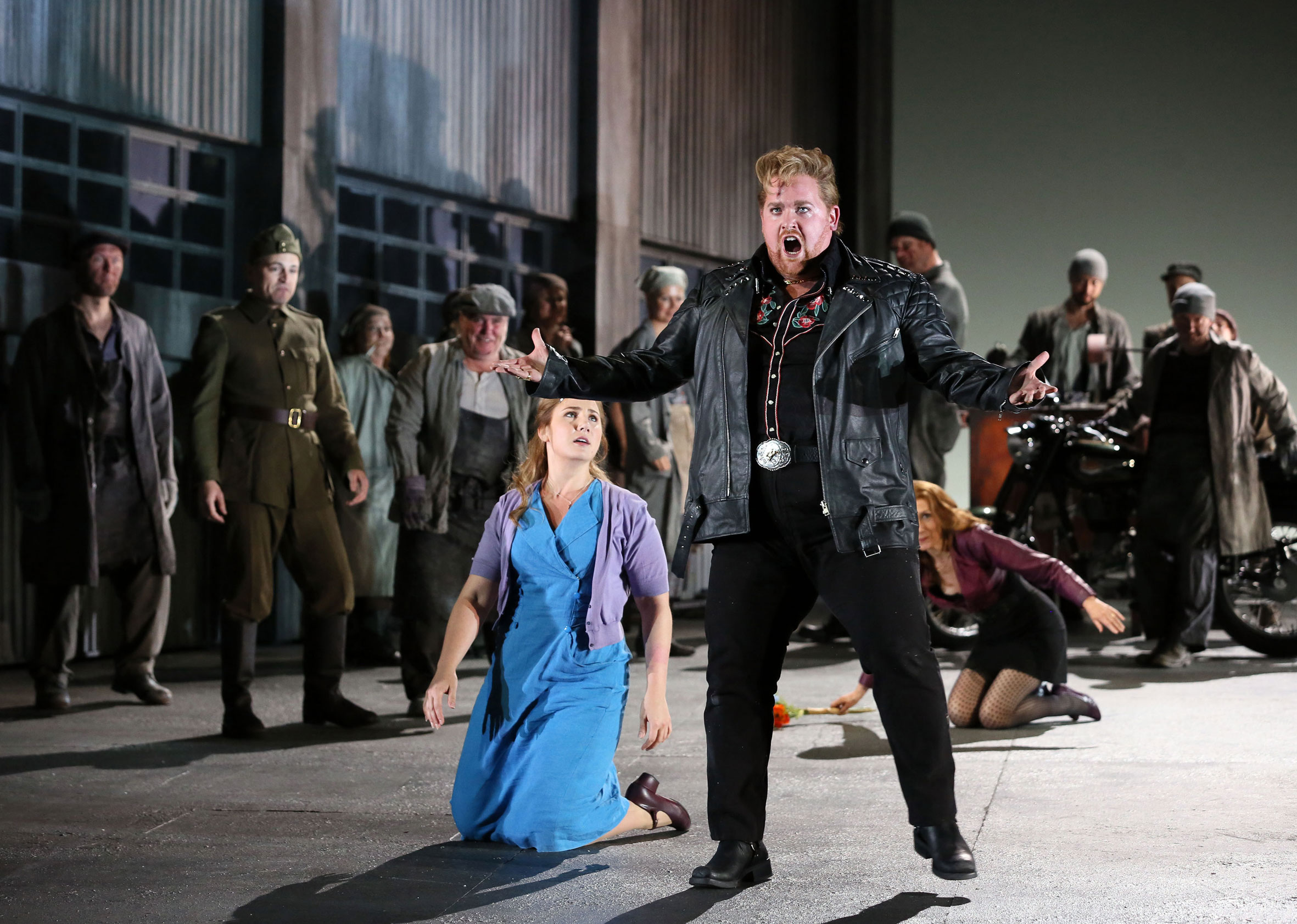 In Janáček's Jenůfa in ENO's 2015/16 season: Laura Wilde, Nicky Spence and ENO Chorus. Photo: Donald-Cooper