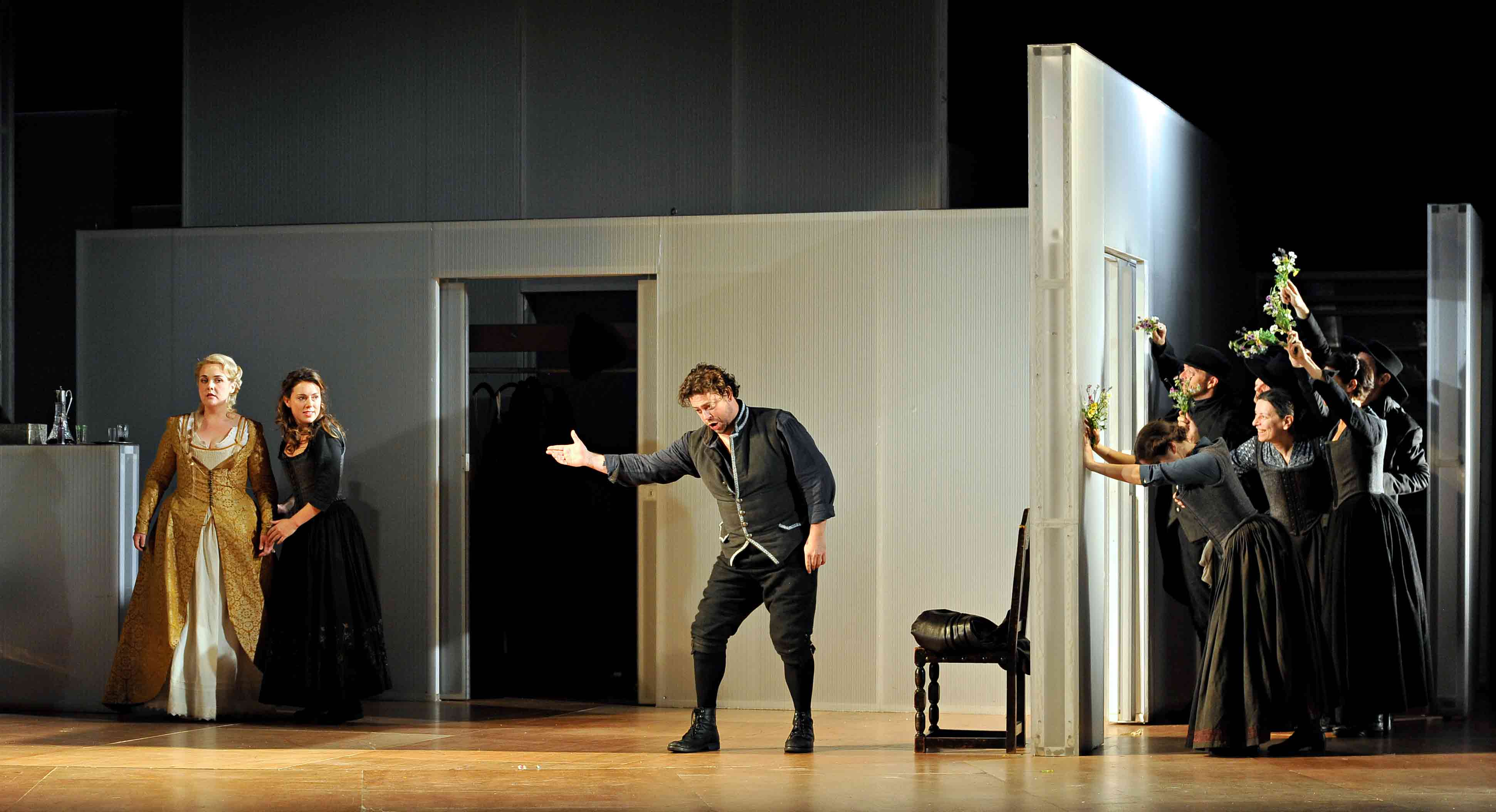 The Marriage of Figaro 2017: Sarah Jane Brandon, Benedict Nelson, Mary Bevan and ENO Chorus. Directed by Fiona Shaw (c) Robbie Jack