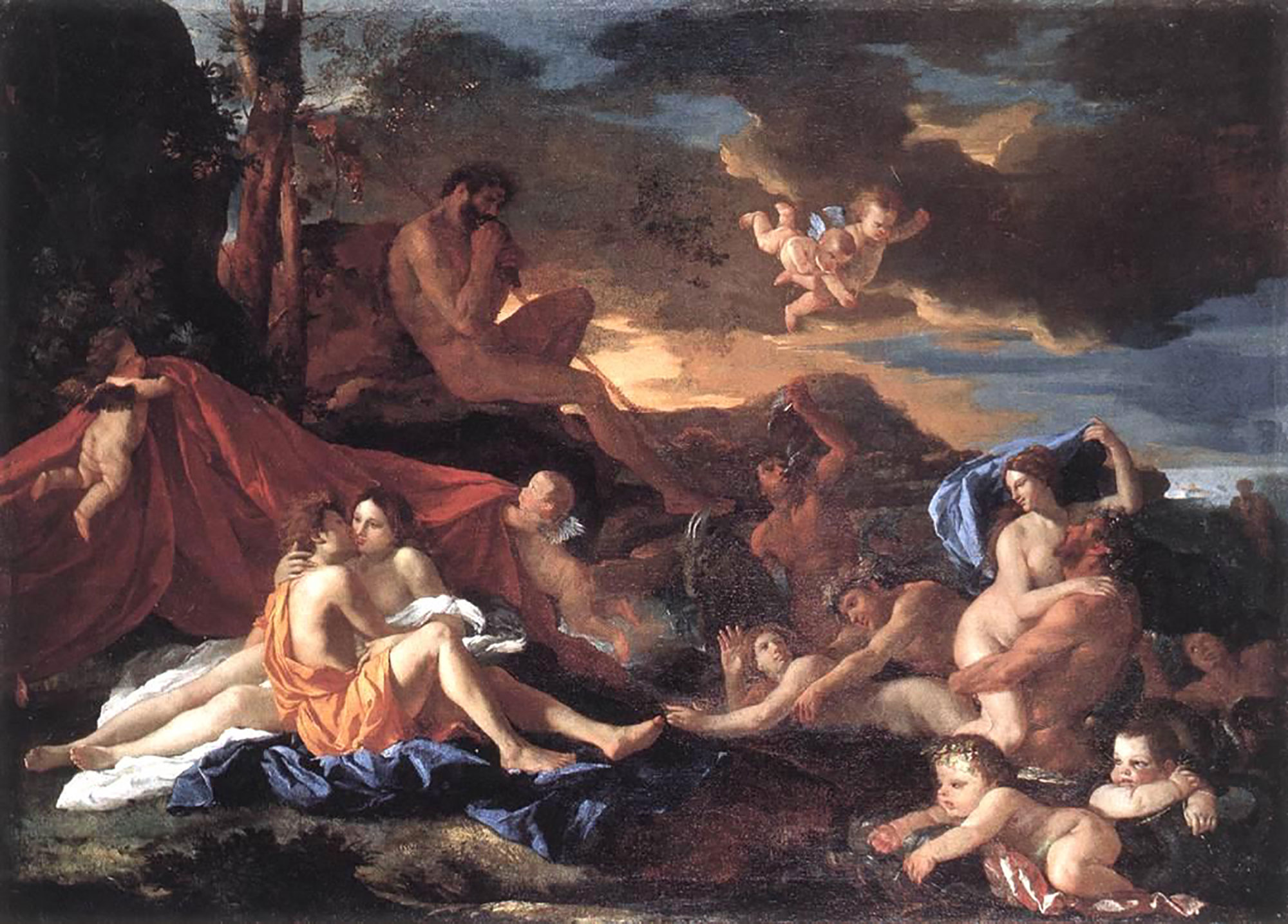 Acis and Galatea sit in one another’s arm as the giant plots his revenge in the background
