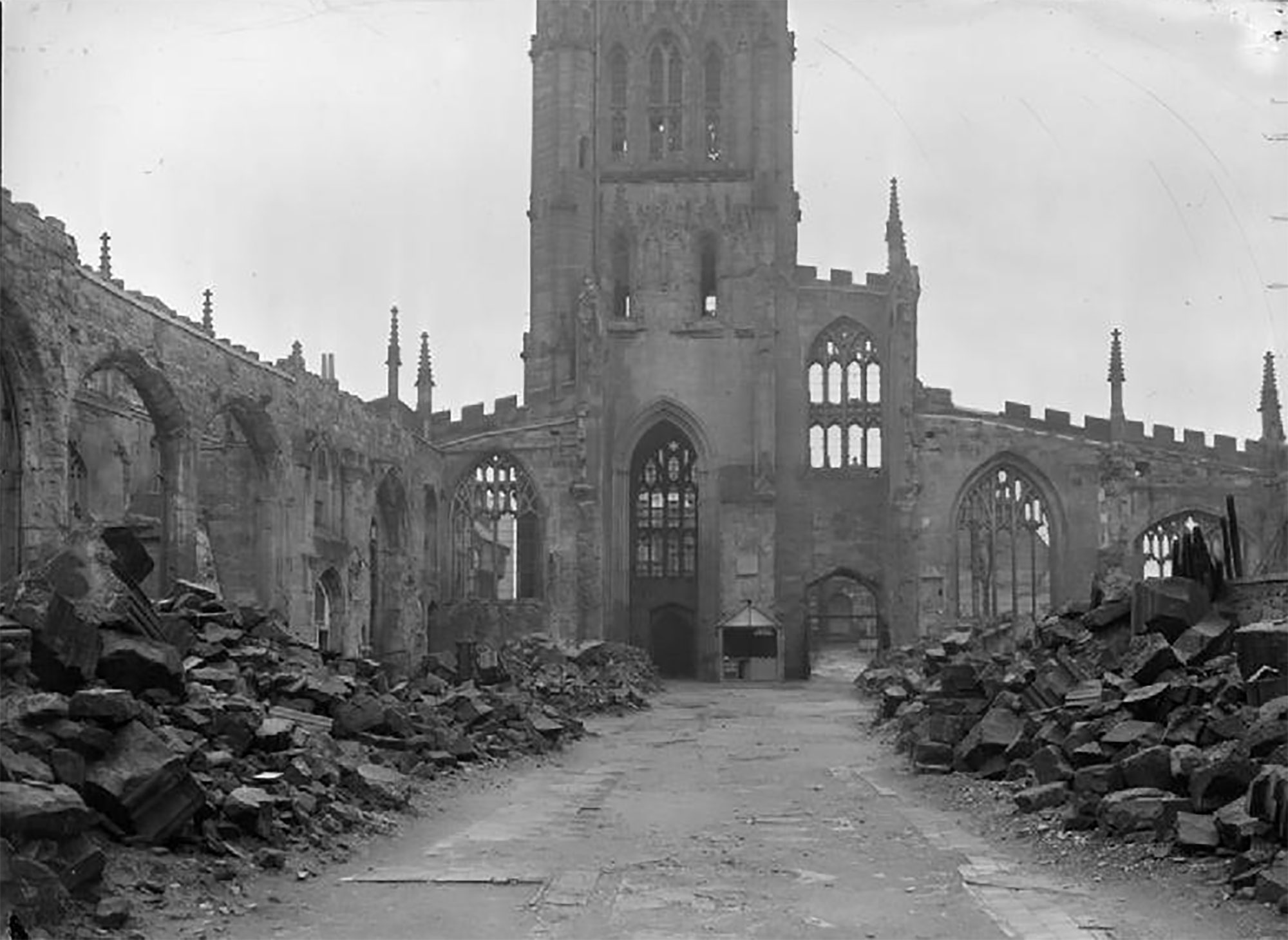 Black and white image of ruins in Coventry