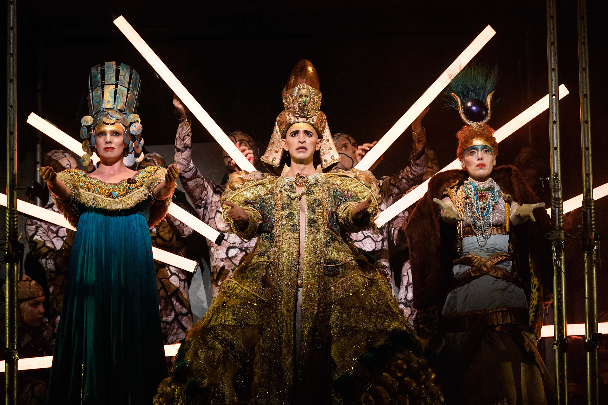 ENO1819 Akhnaten: Katie Stevenson, Anthony Roth Costanzo and Rebecca Bottone © Jane Hobson