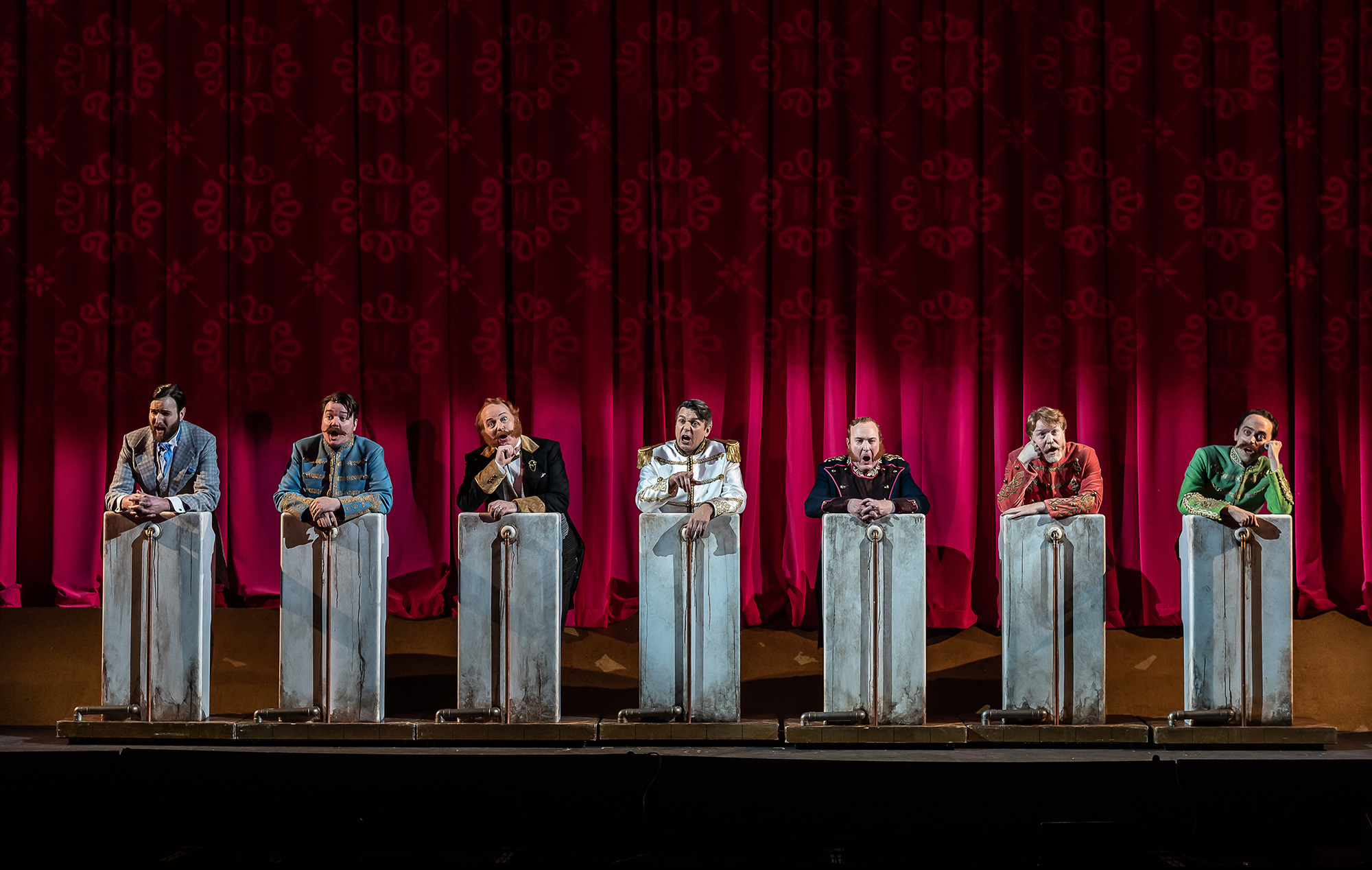 ENO The Merry Widow: (Left to right) Nicholas Lester; Adam Sullivan; Jamie MacDougall; Nathan Gunn; Andrew Shore; Paul Sheehan © Clive Barda