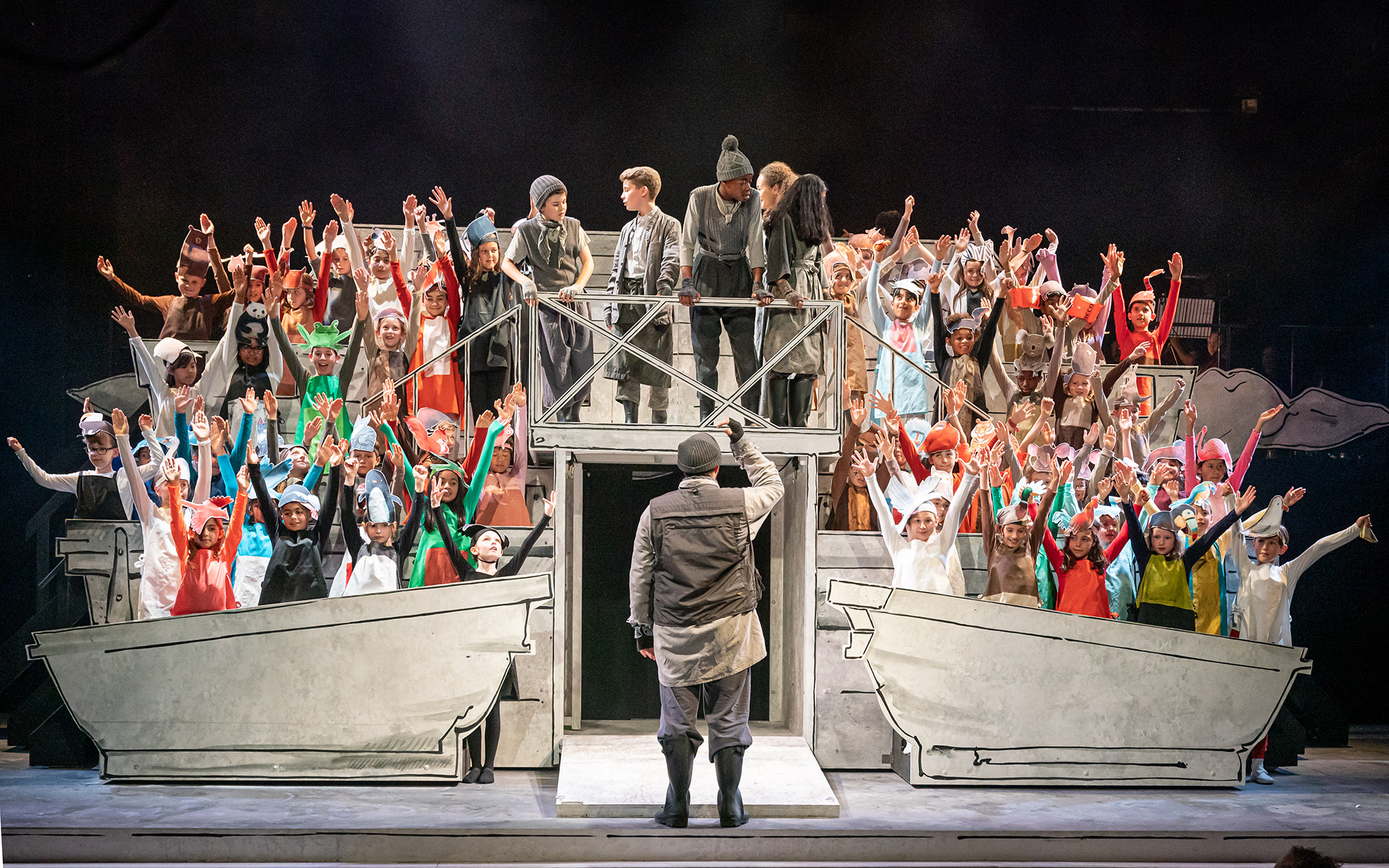 Marcus Farnsworth as Noah and the animals in Noye's Fludde at Theatre Royal Stratford East. Photo by Marc Brenner