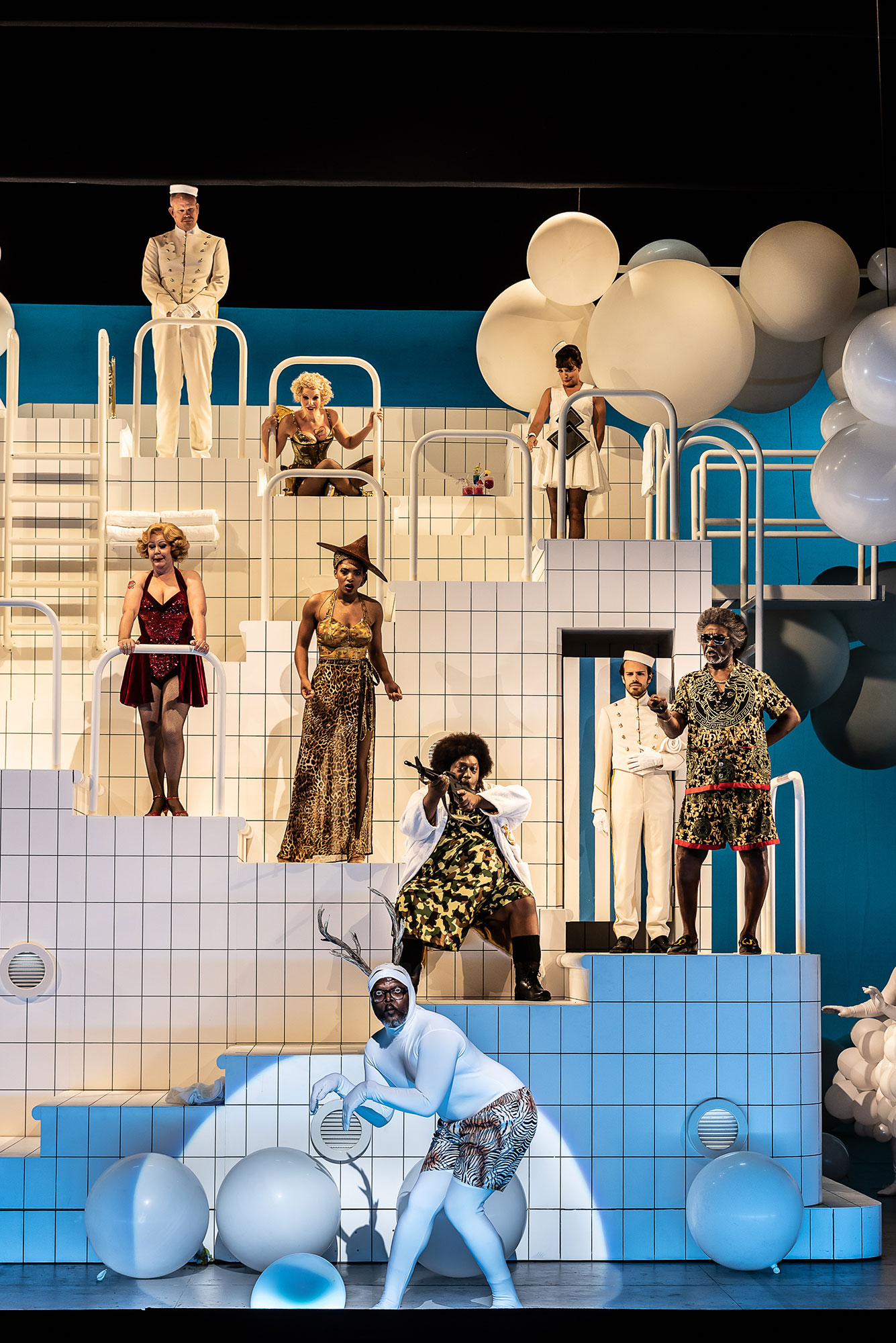 Orpheus in the Underworld with actors in swimming pool scene