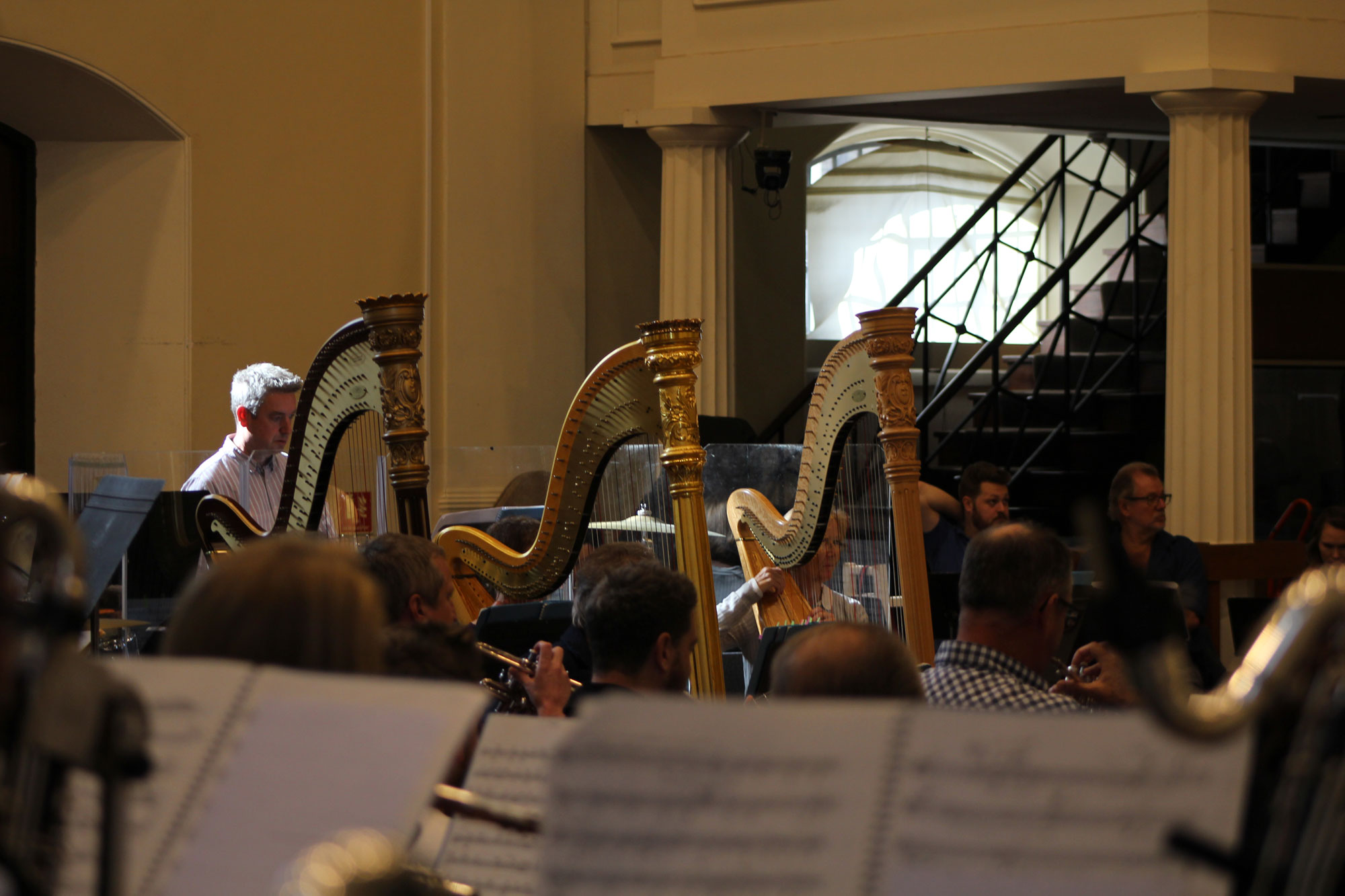 ENO1920 The Mask of Orpheus: Harps being played during rehearsals