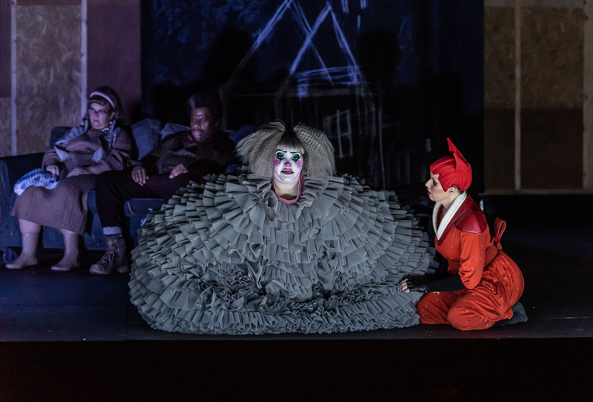 ENO Cast performing The Cunning Little Vixen including Claire Barnett Jones as Dog, Sally Matthews as Vixen © Clive Barda