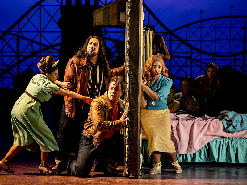 ENO2122 Così fan tutte: Soraya Mafi as Despina, Benson Wilson as Guglielmo, Amitai Pati as Ferrando, Nardus Williams as Fiordiligi © Lloyd Winters