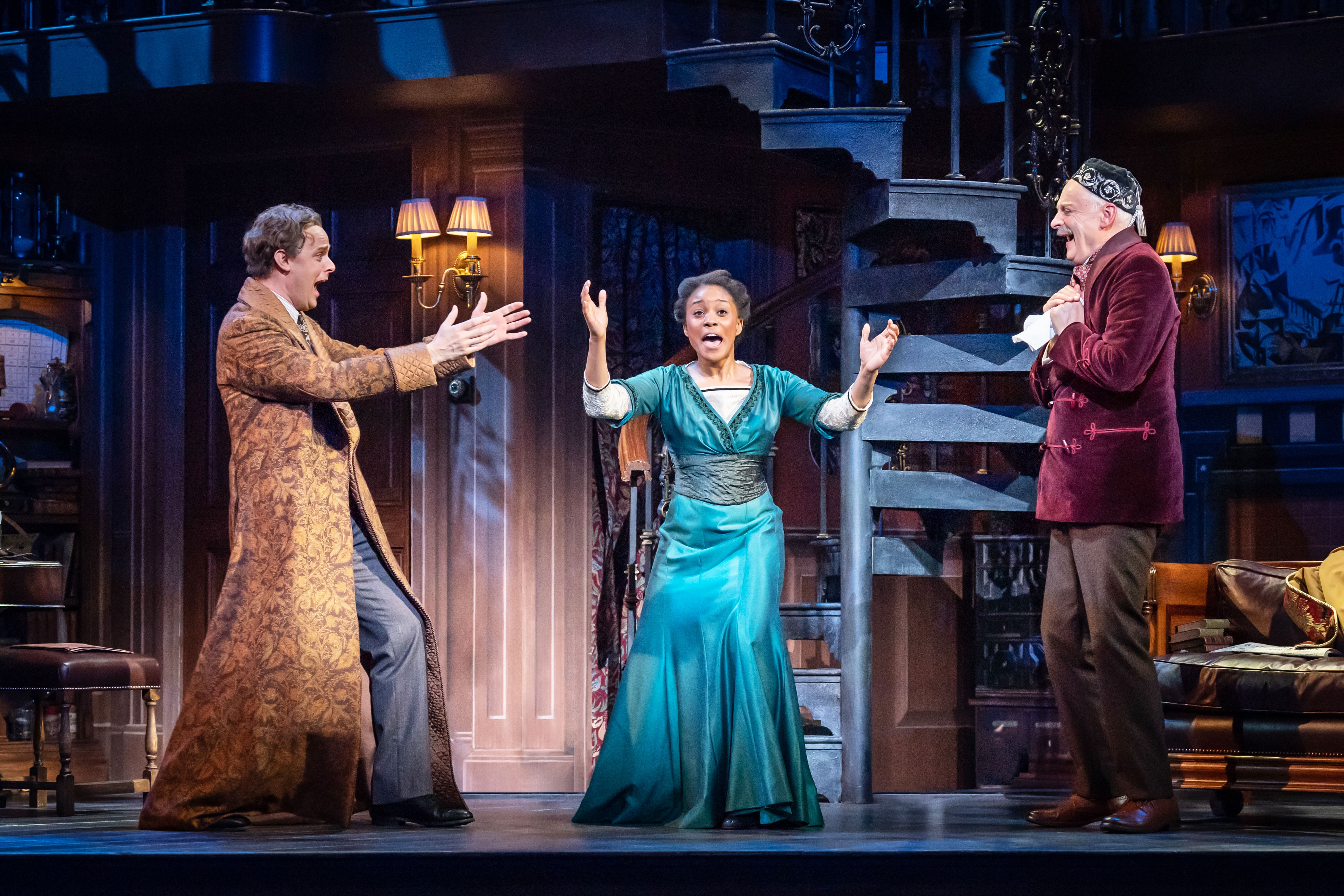 Harry Hadden-Paton as Professor Henry Higgins, Amara Okereke as Eliza Doolittle and Malcolm Sinclair as Colonel Pickering. Credit Marc Brenner(1)-min