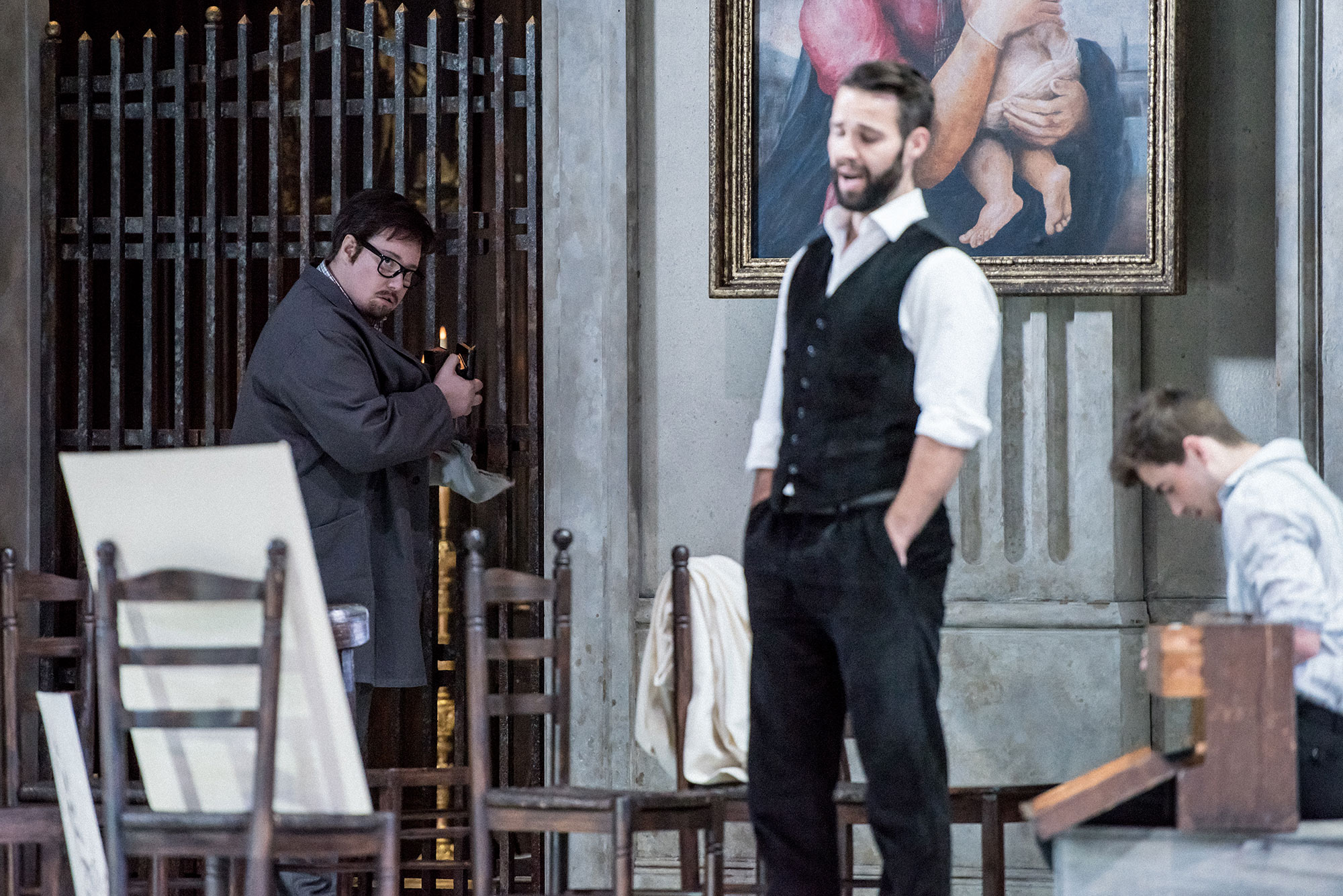 ENO2223 Tosca: Lucia Lucas as A Sacristan, Adam Smith as Cavaradossi © Genevieve Girling