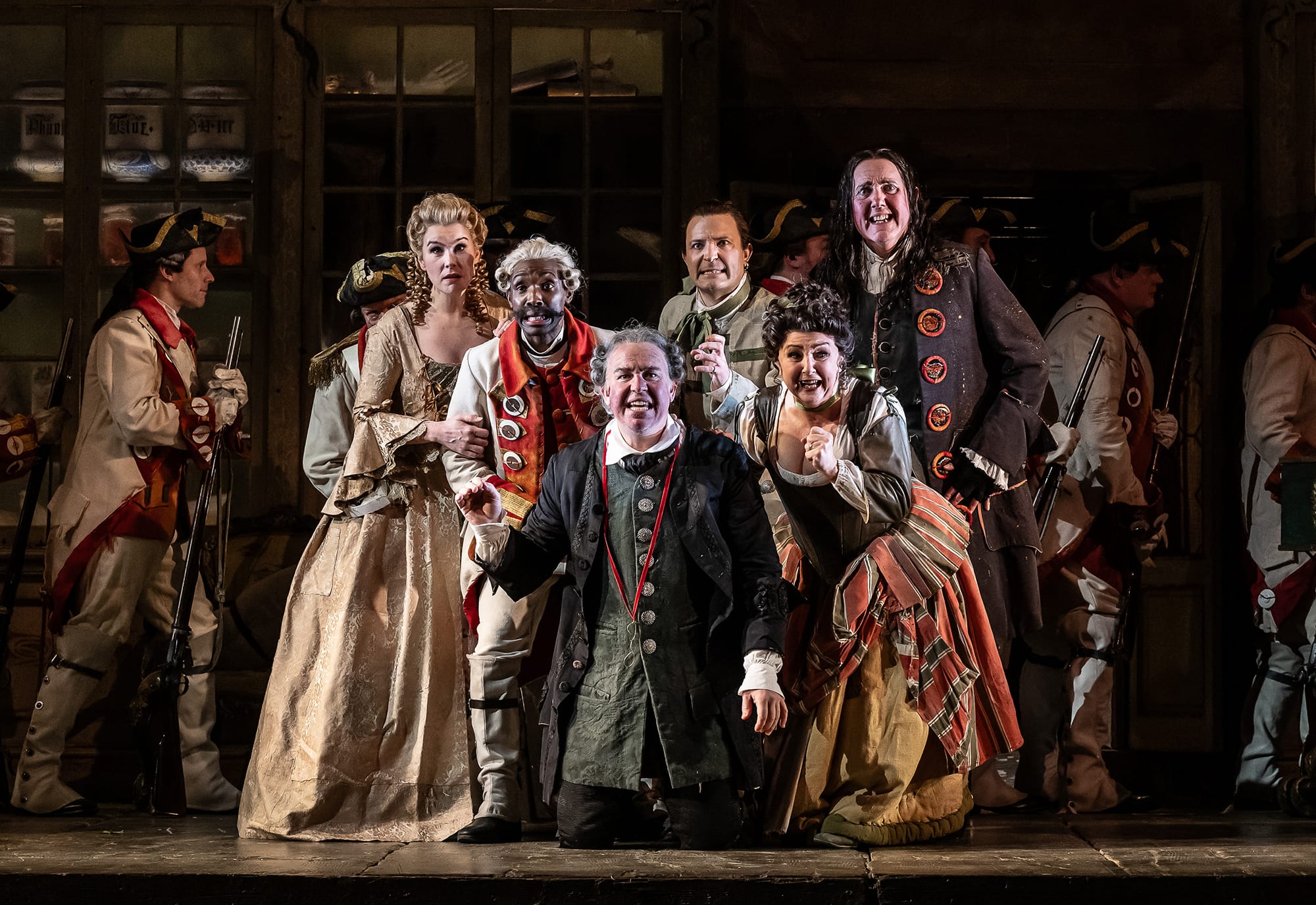 Anna Devin, Innocent Masuku, Charles Rice, Alastair Miles, Simon Bailey, Lesley Garrett, ENO’s The Barber of Seville 2024 © Clive Barda