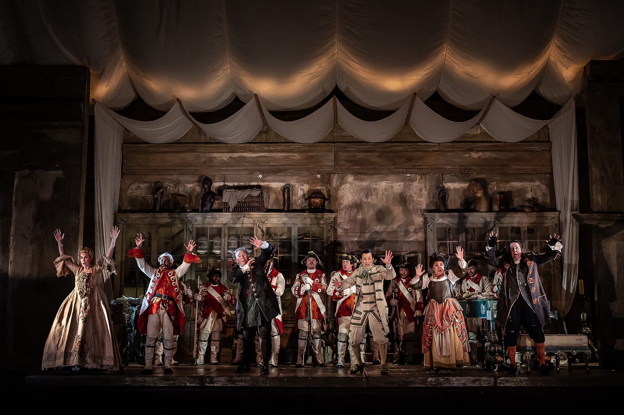 Anna-Devin,-Innocent-Masuku,-Simon-Bailey,-Charles-Rice,-Lesley-Garrett,-Alastair-Miles,-ENO’s-The-Barber-of-Seville-2024-©-Clive-Barda-