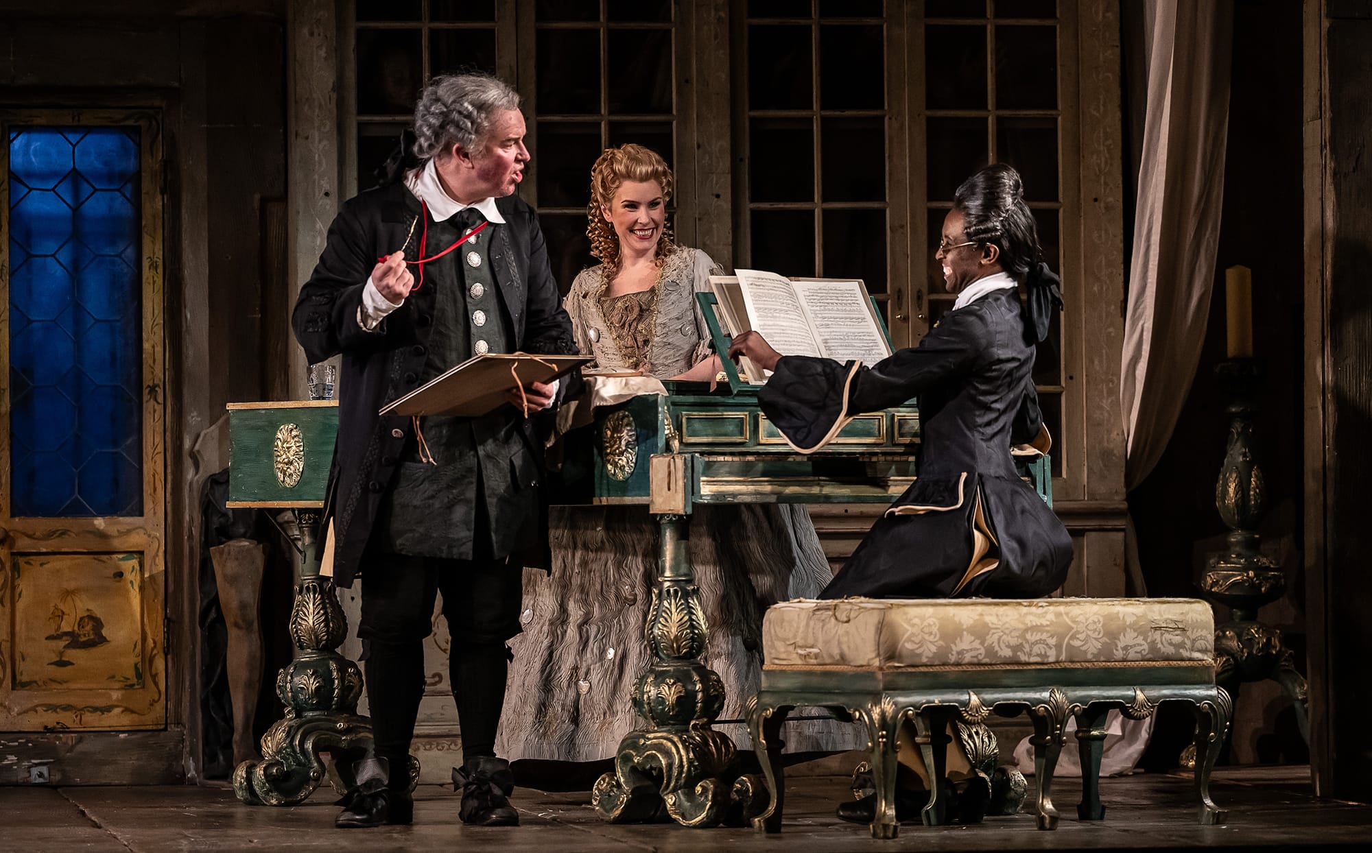 Simon Bailey, Anna Devin, Innocent Masuku, ENO’s The Barber of Seville 2024 © Clive Barda