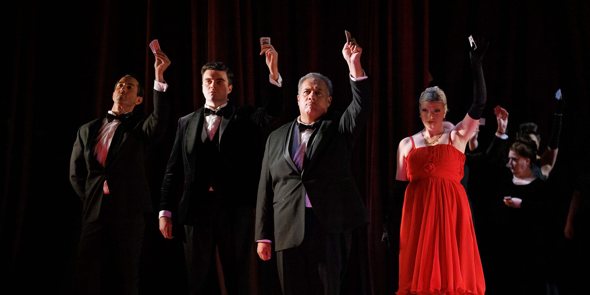 David Webb, Patrick Alexander Keefe, Jonathan Lemalu, Amy Holyland, ENO’s La traviata 2023 © Belinda Jiao